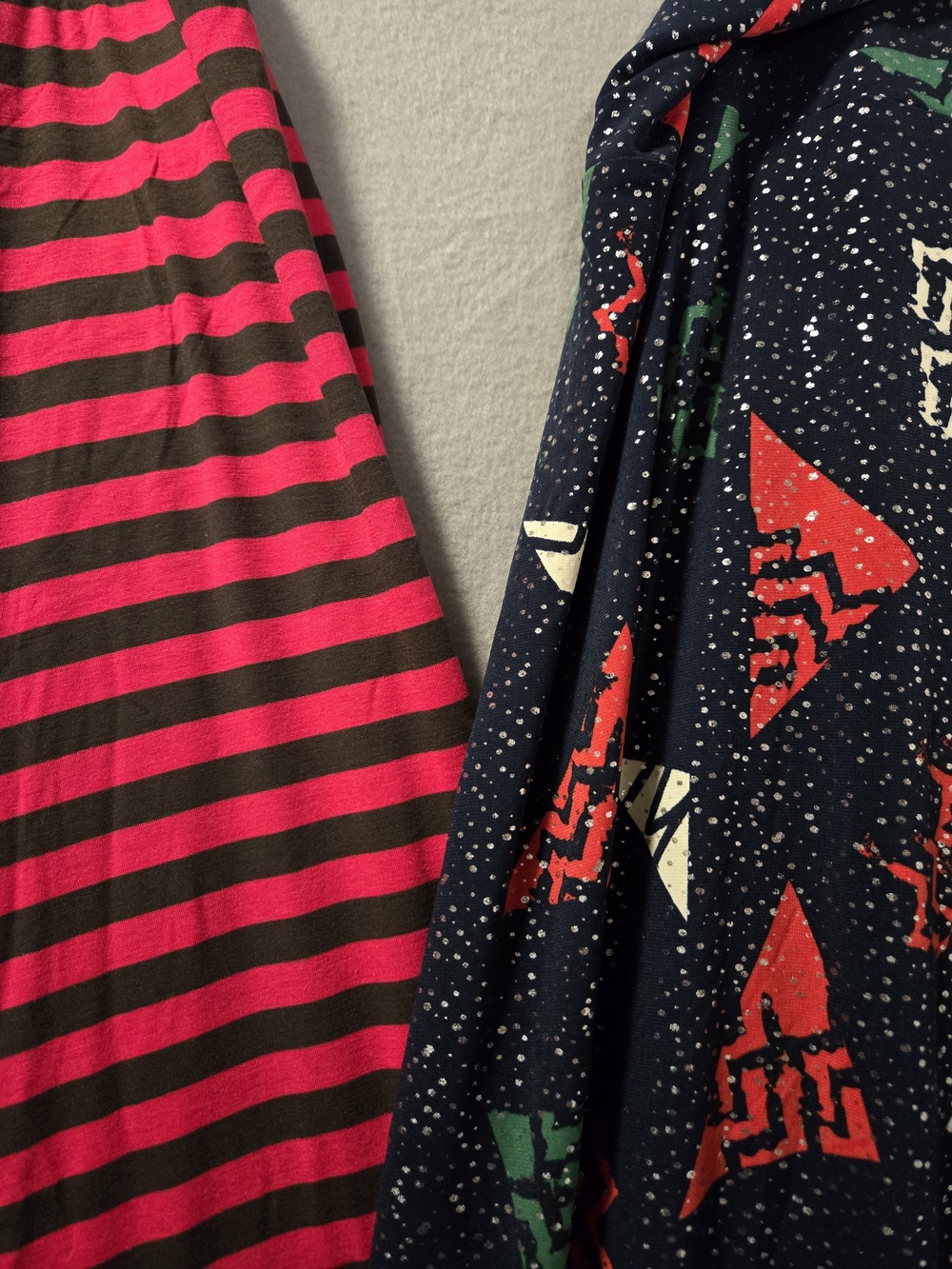 LuLaRoe Set of 2 Maxi Skirts Pink Gray Striped Knit & Metallic Blue Slick Size L